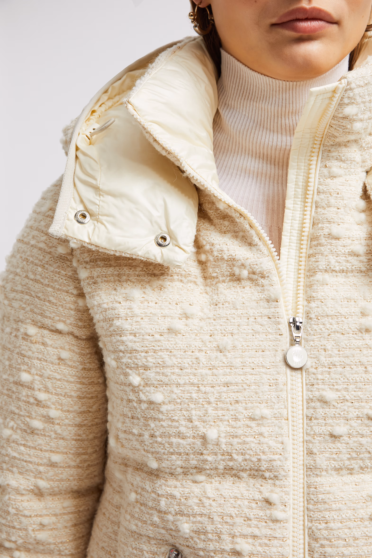 Fourmines Hooded Tweed Short Down Jacket Women White Ivory Moncler 6